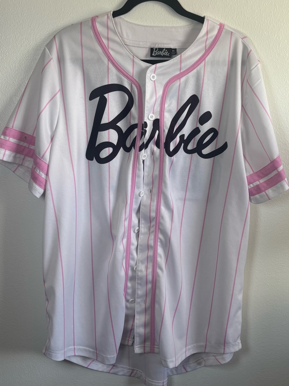 Barbie White Baseball Jersey with Pink Pinstripes